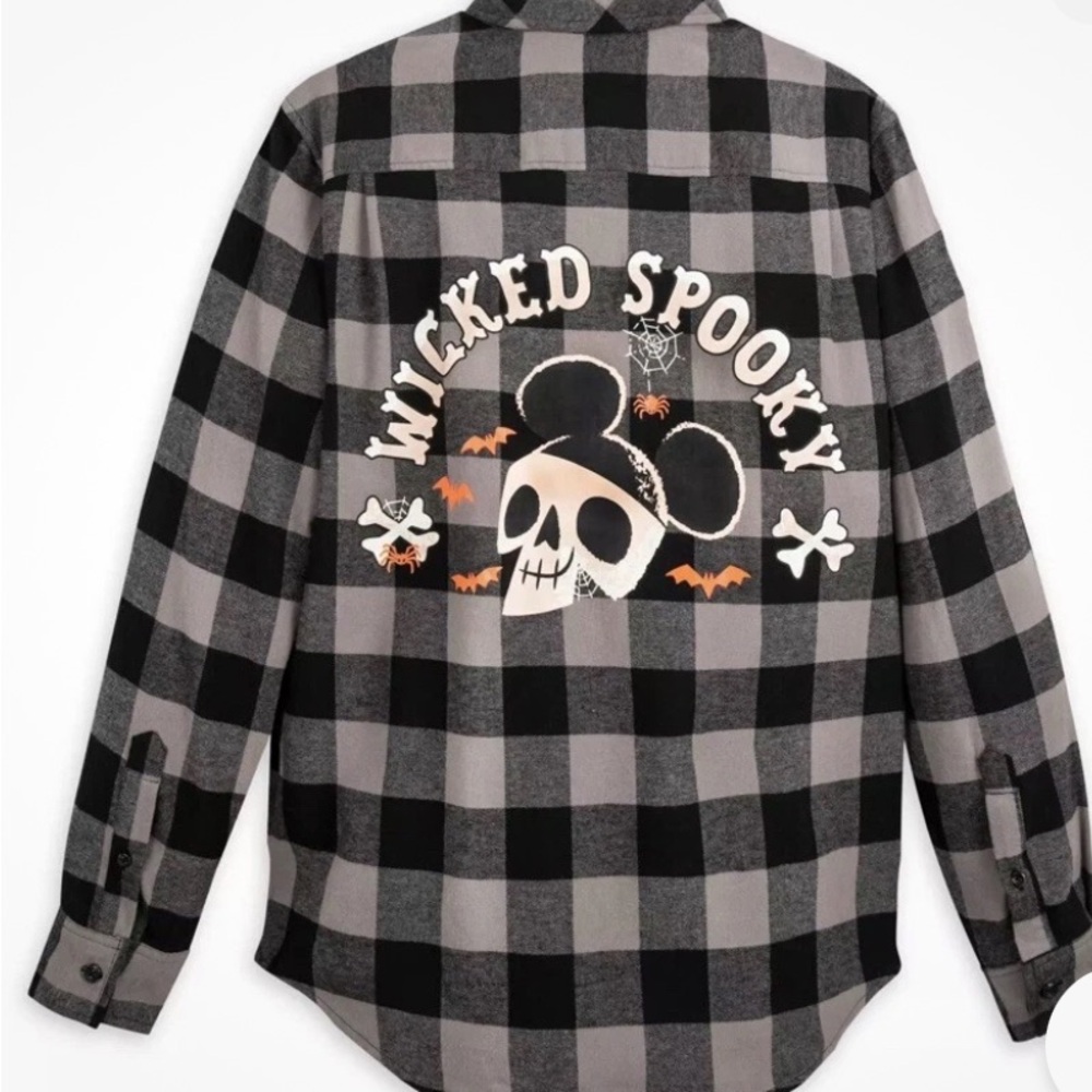 Disney Black and Gray Plaid womens Shirt with Skull Design